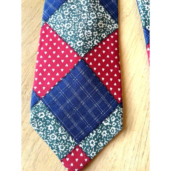 Patchwork silk tie  Faconnable  Blue Red Green Plaid Woven Made in France Hearts - Picture 1 of 5